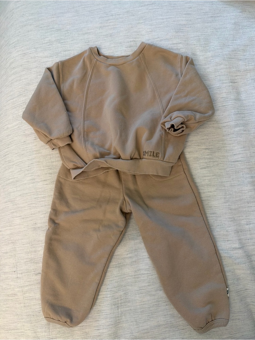 Kids Tan Sweatshirt & Jogger Set with 'Smile' Detail